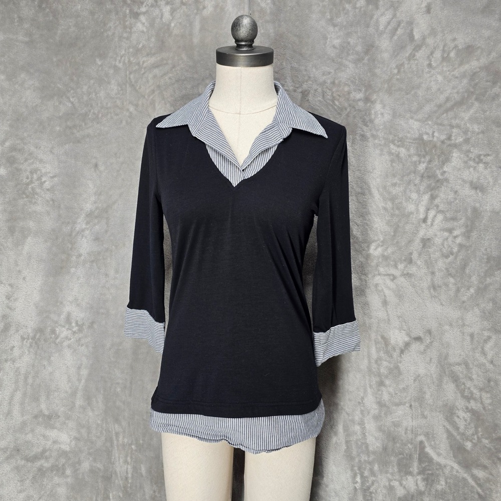BCX Striped Collar Top Women M Black 2-in-1 Timeless V-Neck Preppy Dark Academia